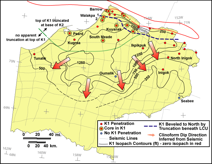 Map of the NPRA showing generalized thickness (in feet) of Beaufortian sequence set K1, public domain seismic grid used to map sequence sets, well penetrations of K1, and wells with public domain cores in K1
