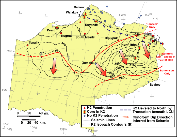 Map of the NPRA showing generalized thickness (in feet) of Beaufortian sequence set K2, public domain seismic grid used to map sequence sets, well penetrations of K2, and wells with public domain cores in K2