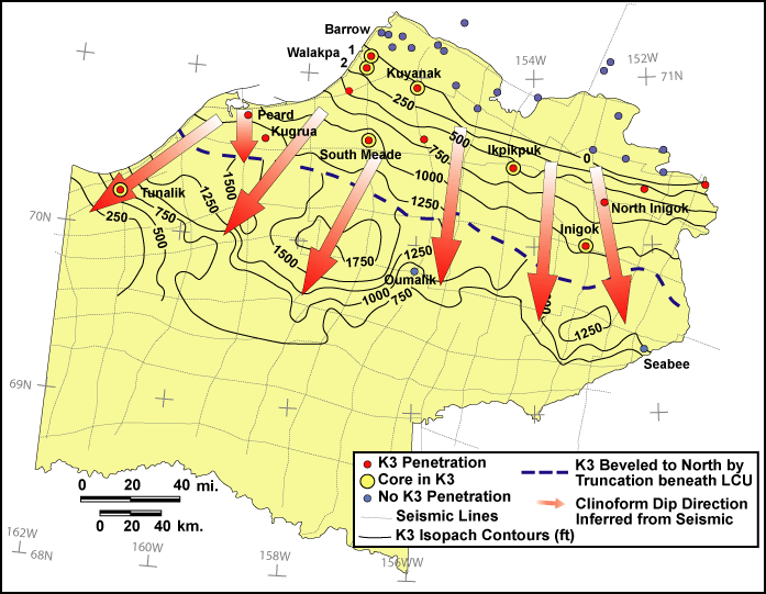 Map of the NPRA showing generalized thickness (in feet) of Beaufortian sequence set K3, public domain seismic grid used to map sequence sets, well penetrations of K3, and wells with public domain cores in K3