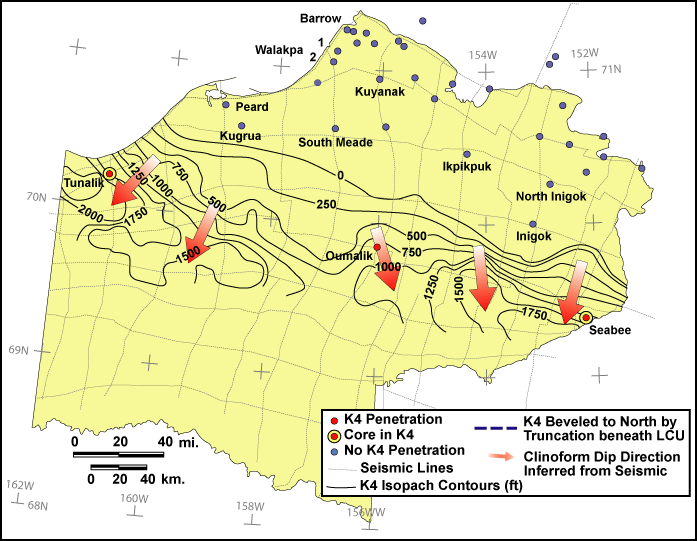 Map of the NPRA showing generalized thickness (in feet) of Beaufortian sequence set K4, public domain seismic grid used to map sequence sets, well penetrations of K4, and wells with public domain cores in K4