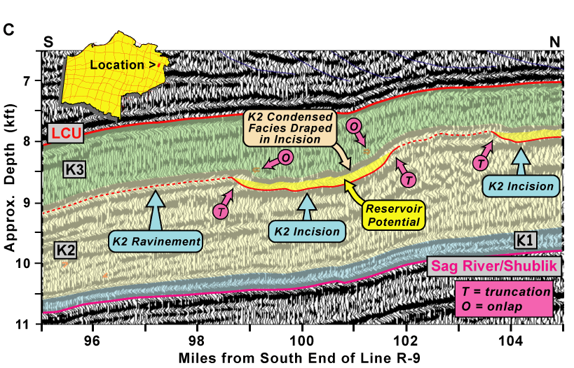Segment of USGS seismic line R-9 illustrating feature interpreted to be incision in upper part of sequence set K2 in eastern NPRA
