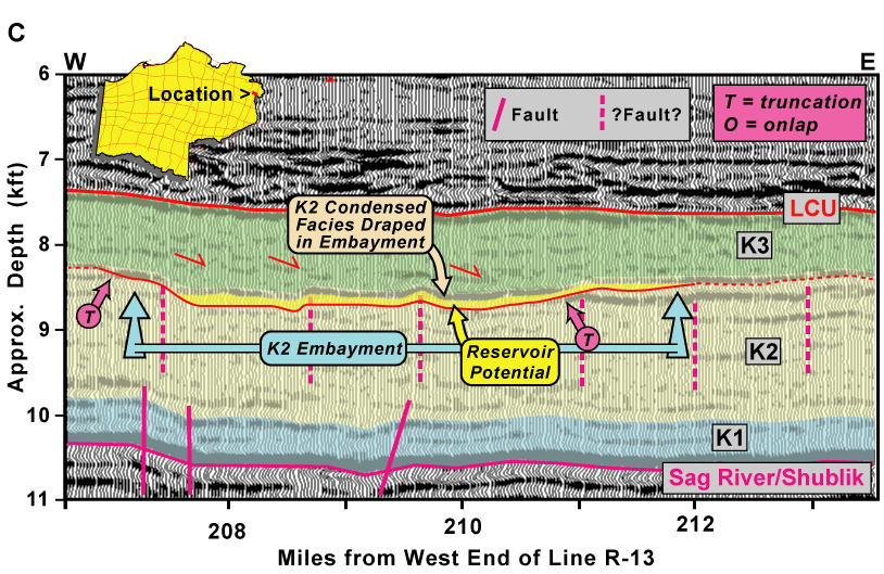 Segment of USGS seismic line R-13 illustrating feature interpreted to be embayment in upper part of sequence set K2 in eastern NPRA