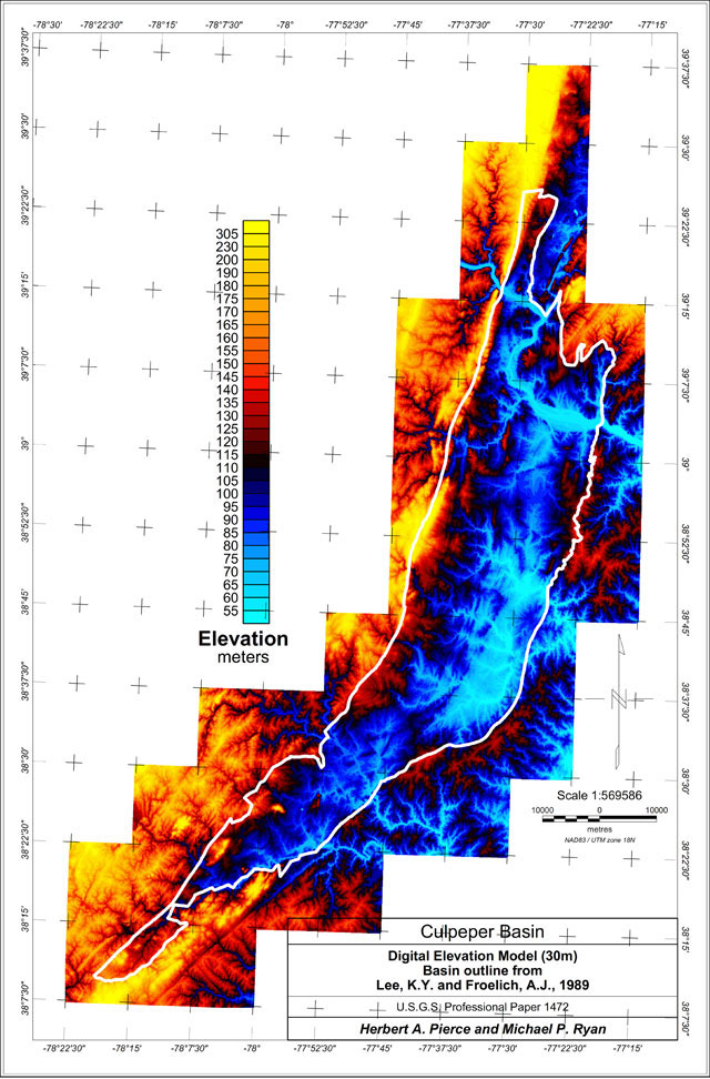 Outline of the Culpeper Basin, Virginia on the Digital Elevation Model