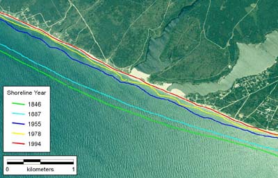 Historic shorelines for a portion of southwestern Nantucket Island, MA.