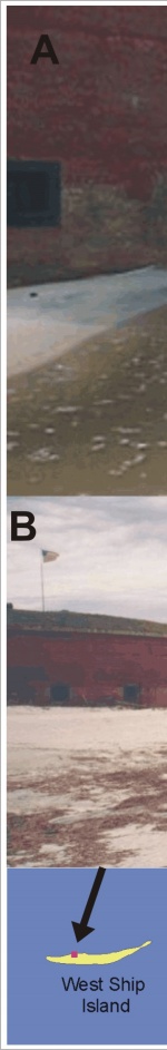 Figure 12:  A) Ft. Massachusetts in 2001 before the 2002 renourishment.  B) Ft. Massachusetts in fall 2002 following beach renourishment in the spring (photos provided by Linda York).