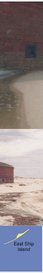 Figure 12:  A) Ft. Massachusetts in 2001 before the 2002 renourishment.  B) Ft. Massachusetts in fall 2002 following beach renourishment in the spring (photos provided by Linda York).