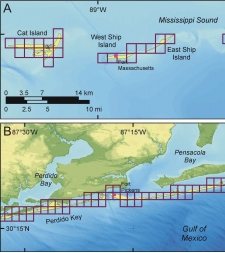 Figure 2:  A) Shoreline grid for Mississippi islands B) Shoreline grid for Florida islands.