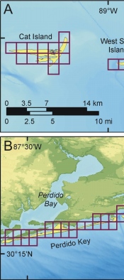 Figure 2:  A) Shoreline grid for Mississippi islands B) Shoreline grid for Florida islands.
