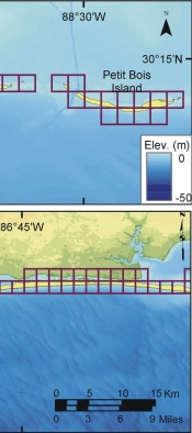 Figure 2:  A) Shoreline grid for Mississippi islands B) Shoreline grid for Florida islands.