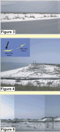 Fig. 3:  Dominant geomorphology of Santa Rosa Island. Fig. 4: West Ship Island looking east from Civil War era Fort Massachusetts. Fig. 5: A) Langdon Battery near Fort Pickens. B) view from the top of Langdon Battery. Fig. 6: Dune ridge adjacent to washover on Santa Rosa Island.