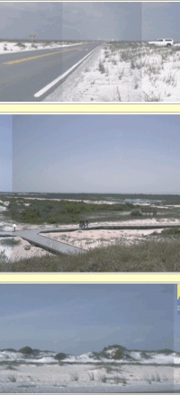 Fig. 3:  Dominant geomorphology of Santa Rosa Island. Fig. 4: West Ship Island looking east from Civil War era Fort Massachusetts. Fig. 5: A) Langdon Battery near Fort Pickens. B) view from the top of Langdon Battery. Fig. 6: Dune ridge adjacent to washover on Santa Rosa Island.