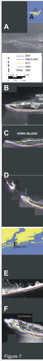 Figure 7:  Historic Shoreline positions for A) Cat Island, B) East and West Ship Island, C) Horn Island, D) Petit Bois Island, E) Perdido Key, and E) Western Santa Rosa Island.