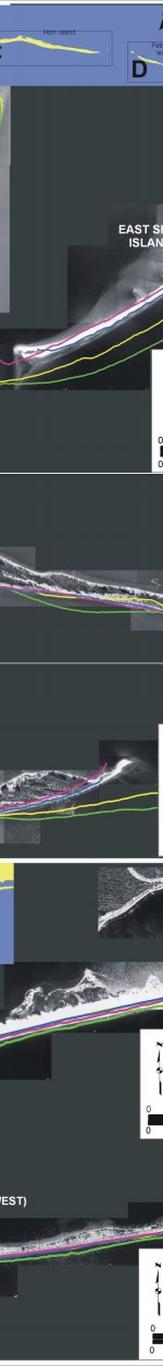 Figure 7:  Historic Shoreline positions for A) Cat Island, B) East and West Ship Island, C) Horn Island, D) Petit Bois Island, E) Perdido Key, and E) Western Santa Rosa Island.