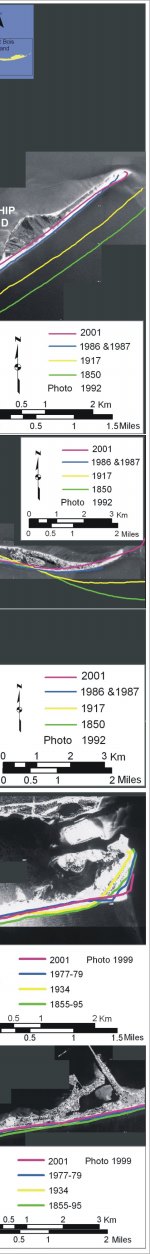 Figure 7:  Historic Shoreline positions for A) Cat Island, B) East and West Ship Island, C) Horn Island, D) Petit Bois Island, E) Perdido Key, and E) Western Santa Rosa Island.