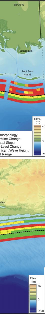 Figure 9:  Relative Coastal Vulnerability for Gulf Islands National Seashore A) in Mississippi and B) in Florida.