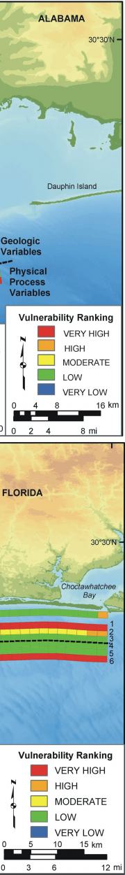 Figure 9:  Relative Coastal Vulnerability for Gulf Islands National Seashore A) in Mississippi and B) in Florida.