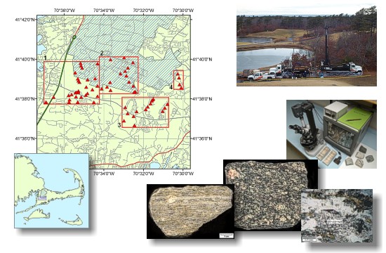OFR03-221 index image showing GIS data layers with location of bedrock cores and study area, drilling rig, examples of bedrock cores and thin section photomicrograph.
