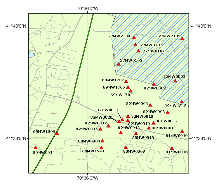 Detailed index map for area 1 with location of bedrock cores.