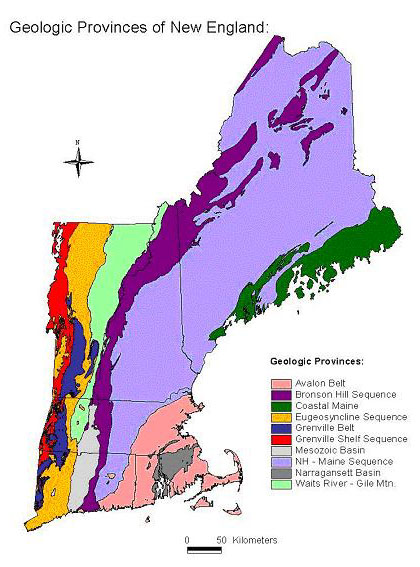 The bedrock geology of the New England region has been divided into 11 geologic provinces