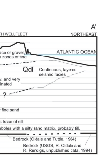 Figure 13. Geologic cross section constructed from nearshore seismic profile interpretation.