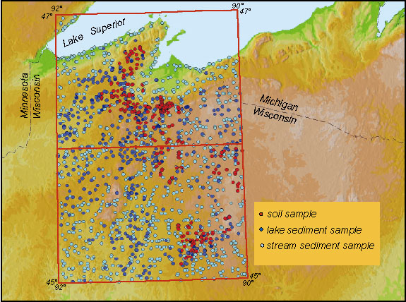 Location of study area and distribution of soil, stream sediment and lake sediment samples