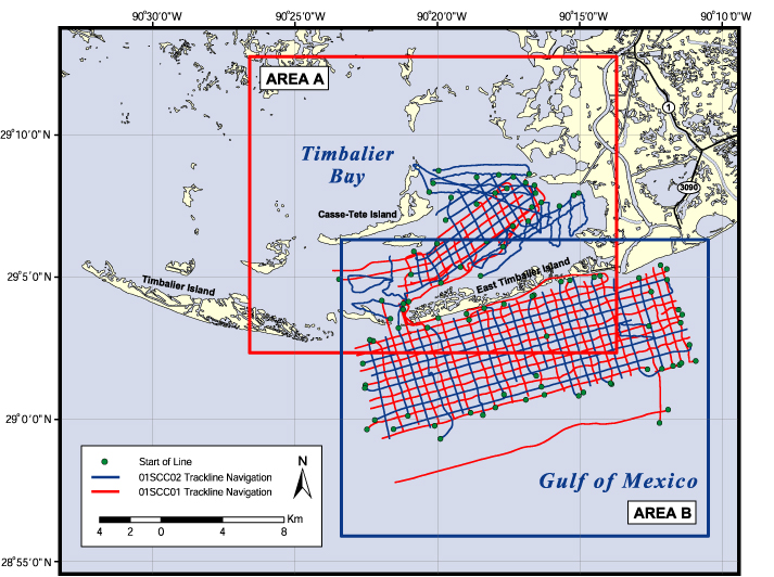 Trackline map of all boomer seismic reflection data collected during USGS Cruises 01SCC01 and 01SCC02. These data were collected in Timbalier Bay and in the Gulf of Mexico offshore of East Timbalier Island, Louisiana, in June, July, and August of 2001. This map is set in geographic coordinates, NAD83 (unprojected) and was created at a scale of 1:200,000. It was created using ESRI GIS software ArcView 3.2 and 8.1, exported to Adobe Illustrator for further editing, and saved for the web in JPEG format. The USGS is not the originator of all layers used in creating the maps presented in this archive. The roads layer is a Louisiana Oil Spill Coordinator's Office (LOSCO) Environmental Baseline Inventory Dataset 'Louisiana Highway System from LDOTD (Louisiana Department of Transportation) source data, Geographic NAD83, LOSCO (1999) [primary roads].' The rivers layer is a LOSCO data set derived from ESRI/Geographic Data Technology, Inc. (GDT) data that were in turn derived from Bureau of the Census TIGER/Line files. The waterbodies layer is also a LOSCO data set derived from ESRI/GDT data.