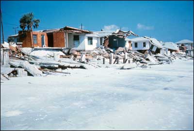 Powerful storms such as Hurricane Eloise, erode beaches and destroy homes like these near Panama City, Florida that were built too close to the shore. From Morton (1976).