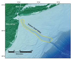 Map showing the location of the Hudson Shelf Valley offshore of the New York - New Jersey metropolitan region.