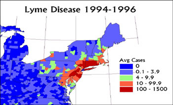 Graph showing incidence of Lyme disease, 1994-1996