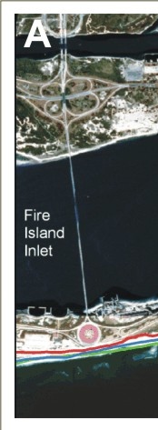 Figure 14A.  Historic shoreline positions from 1830,1870,1962, 1979,1983, and 2001 at Fire Island Lighthouse and Visitors Center.