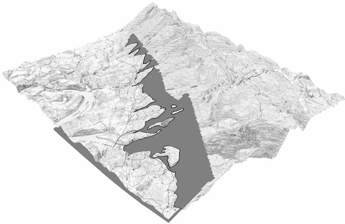 Image of Lake Lynn 7.5-minute topographic quadrangle draped over an elevation model of the quadrangle. For a more detailed explanation, contact Scott McColloch at mccolloch@geosrv.wvnet.edu.