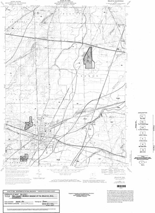 Bedrock geology map of the Bellevue, Ohio 7.5-minute quadrangle,
    as released in the ODGS informal, open-file series. For a more detailed explanation, contact Jim McDonald at jim.mcdonald@dnr.state.oh.us.