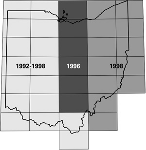 Index map showing the years during which the bedrock geology maps were
    digitized. For a more detailed explanation, contact Jim McDonald at jim.mcdonald@dnr.state.oh.us.