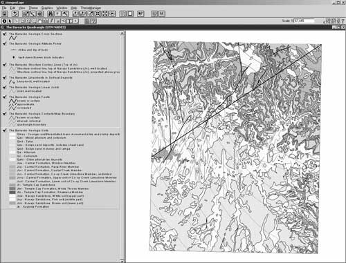 The Barracks digital geologic map displayed in ArcView 3.3. For a more detailed explanation, contact Stephanie O'Meara at Stephanie_O'Meara@partner.nps.gov.