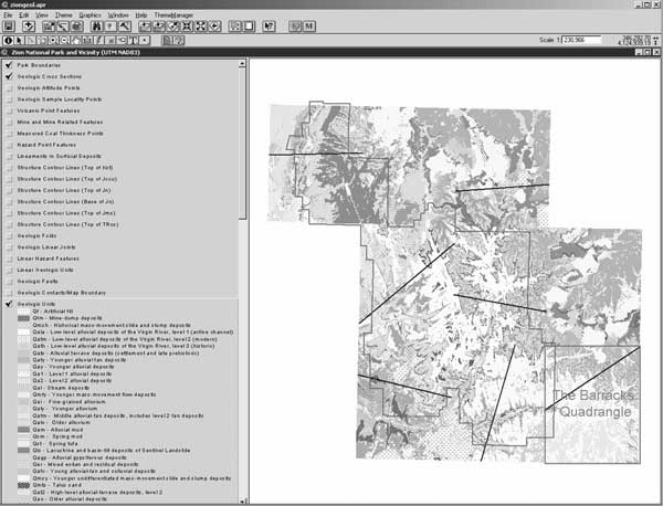 The compiled Zion National Park and vicinity digital geologic map, displayed in ArcView 3.3. For a more detailed explanation, contact Stephanie O'Meara at Stephanie_O'Meara@partner.nps.gov.