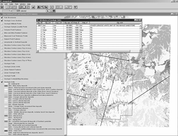 Part of the NPS Geology-GIS Data Model attribute table for area geologic units displayed in ArcView 3.3. For a more detailed explanation, contact Stephanie O'Meara at Stephanie_O'Meara@partner.nps.gov.