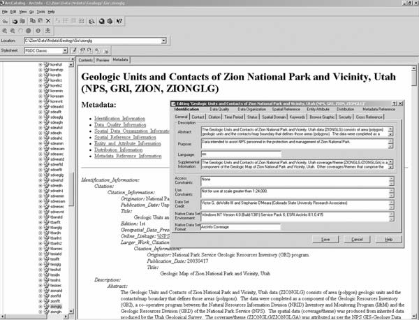 Editable FGDC compliant metadata displayed in ArcCatalog. For a more detailed explanation, contact Stephanie O'Meara at Stephanie_O'Meara@partner.nps.gov.