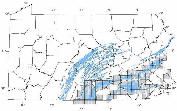 Map showing location of quadrangles with mapped karst features in Pennsylvania. 