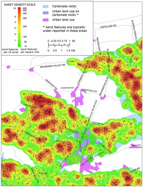 Map showing the density of       mapped karst features in the Lititz 7.5-minute       quadrangle, Lancaster County, Pa.