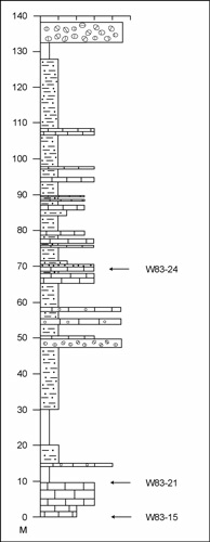 Columnar section of Wolfcamp Hills/Geologist Canyon section of Wardlaw and others (2003), and position of significant conodont samples.
