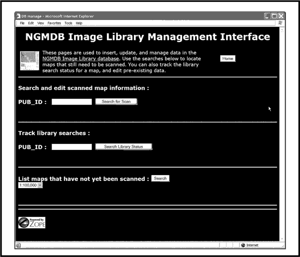 The MySQL database management application used by the USGS staff to retrieve and enter data. The application is created with Zope and is accessed online over the USGS intranet. For a more complete explanation, contact Robert Wardwell at rwardwell@usgs.gov.