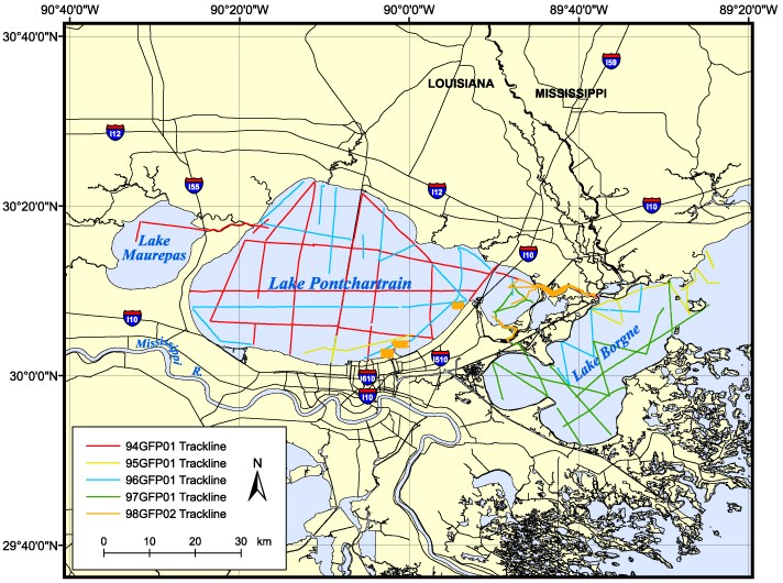 Trackline map of all boomer seismic reflection data collected during USGS Cruises 94GFP01, 95GFP01, 96GFP01, 97GFP01, and 98GFP02. These data were collected in Lakes Pontchartrain, Borgne, and Maurepas in Louisiana between 1994 and 1998. This map is set in geographic coordinates, NAD83 (unprojected) and was created at a scale of 1:680,500. It was created using ESRI GIS software ArcView 3.2 and 8.1, exported to Adobe Illustrator for further editing, and saved in JPEG format. The USGS is not the originator of all layers used in creating this map. The highways layer is a Bureau of Transportation Statistics/Environmental Systems Research Institute (ESRI) data set. The state layer is an ESRI data set.