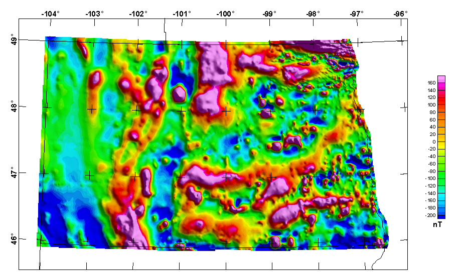 North Dakota merged aeromagnetic anomaly map (NE illumination)  continued to 1000 feet above ground