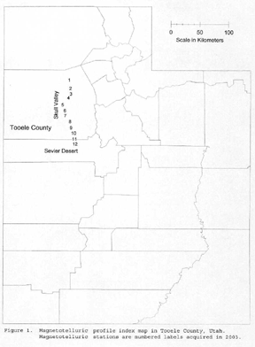 thumbnail image of figure 1. Magnetotelluric profile index map in Toole County, Utah