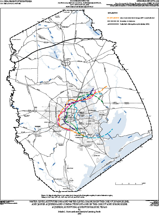 Map showing lines of zero water-level change in the Evangeline aquifer, Houston-Galveston region, Texas, for 1977–82, 1977–87, 1977–92, 1977–97, and 1977–2003.