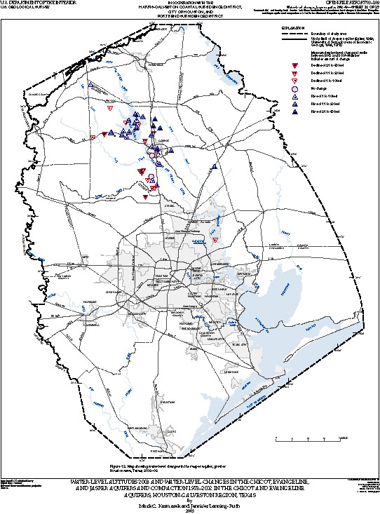 Map showing water-level changes in the Jasper aquifer, greater Houston area, Texas, 2002–03.