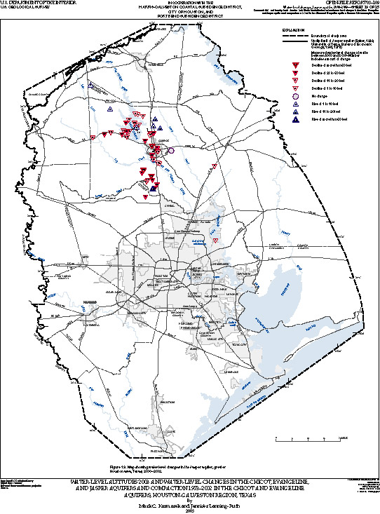 Map showing water-level changes in the Jasper aquifer, greater Houston area, Texas, 2000–2003.