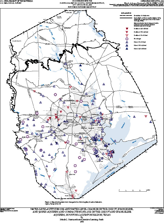 Map showing water-level changes in the Chicot aquifer, Houston-Galveston region, Texas, 2002–03.