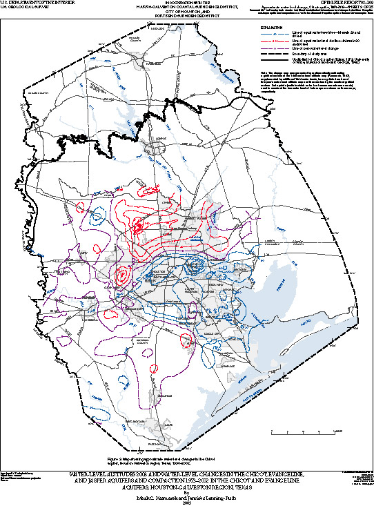 Map showing approximate water-level changes in the Chicot aquifer, Houston-Galveston region, Texas, 1990–2003.