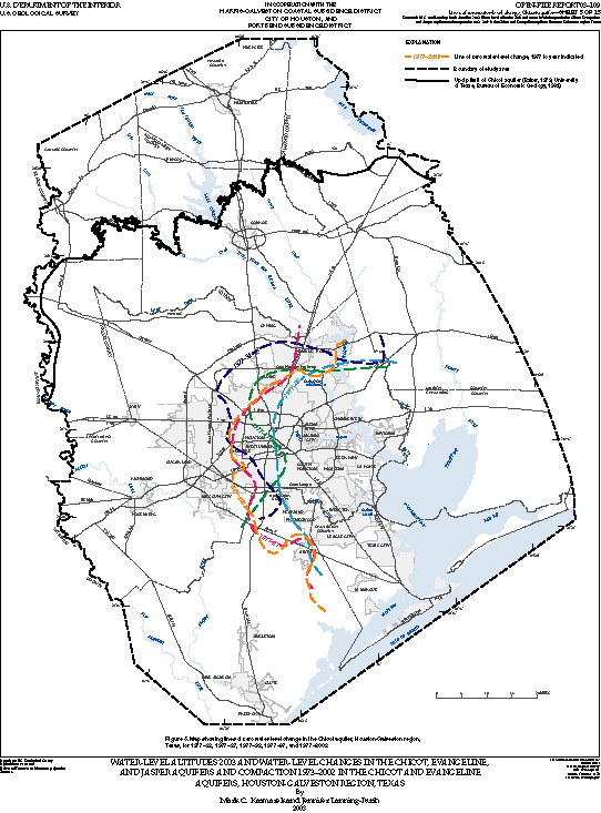 Map showing lines of zero water-level change in the Chicot aquifer, Houston-Galveston region, Texas, for 1977–82, 1977–87, 1977–92, 1977–97, and 1977–2003.